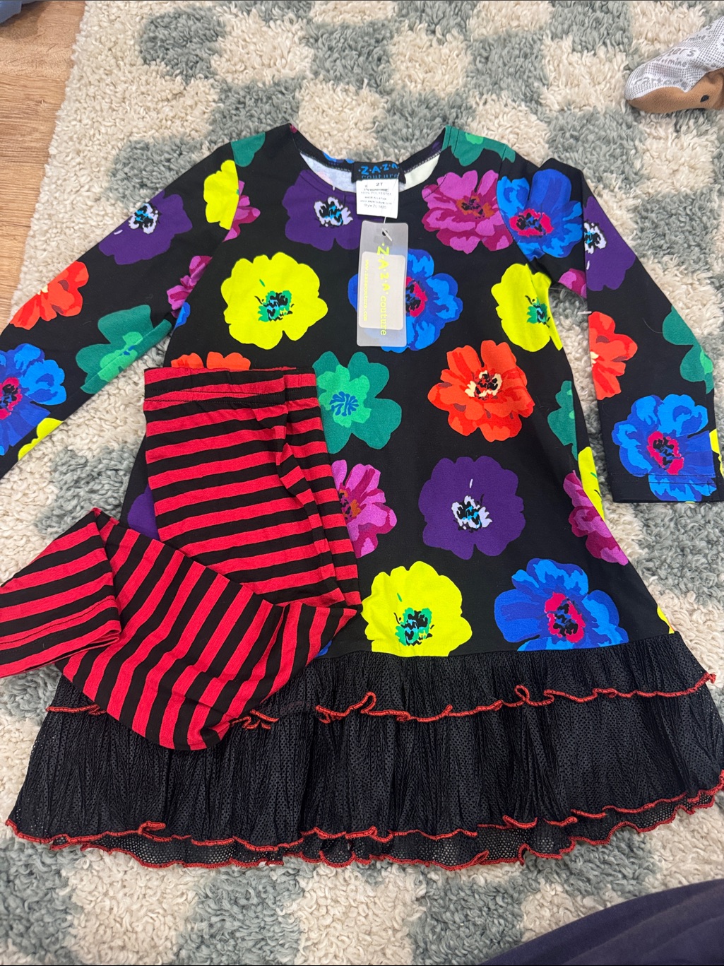 Tea Collection Black Floral & Red Stripe Kids Matching Set